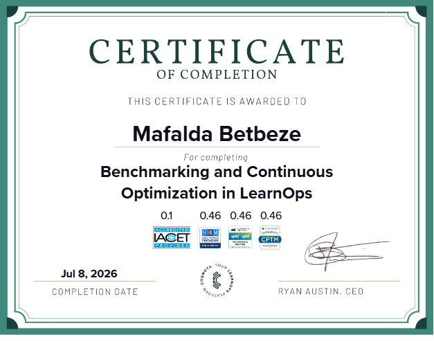 Benchmarking and Continuous Optimization in LearnOps Certificate
