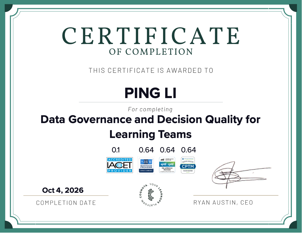 Data Governance and Decision Quality for Learning Teams Certificate