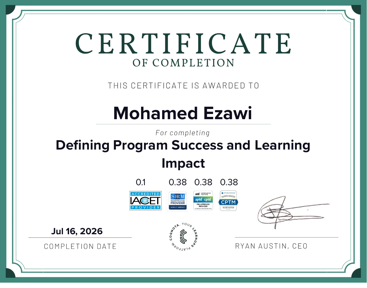 Defining Program Success and Learning Impact Certificate