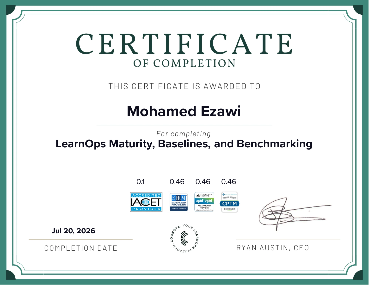 LearnOps Maturity, Baselines, and Benchmarking Certificate