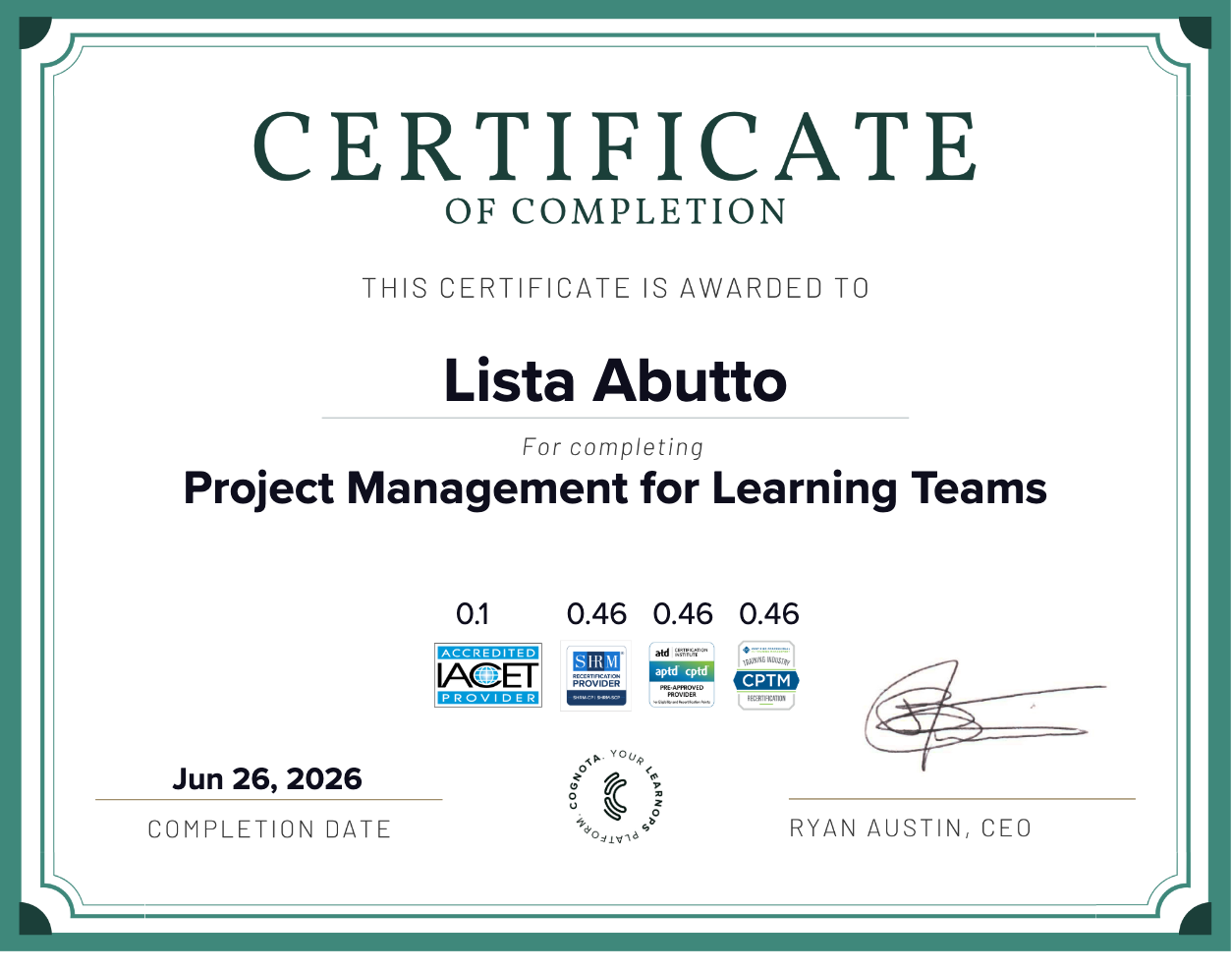 Project Management for Learning Teams Certificate