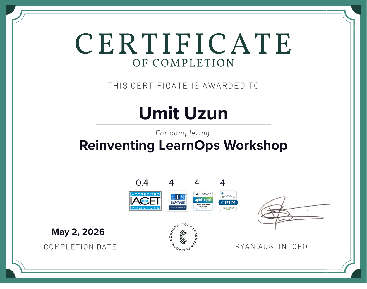 Reinventing LearnOps Workshop Certificate